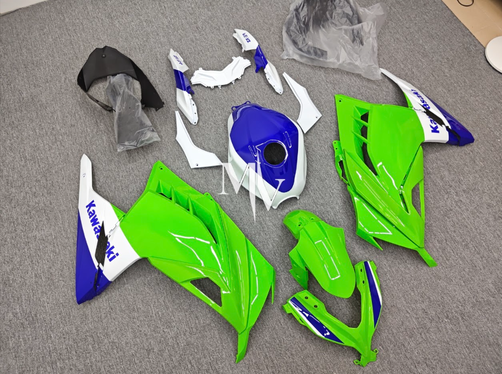 Kawasaki NINJA 250 2013-2017 Neon Green with Blue & White ABS Fairings | Motovation Frgs