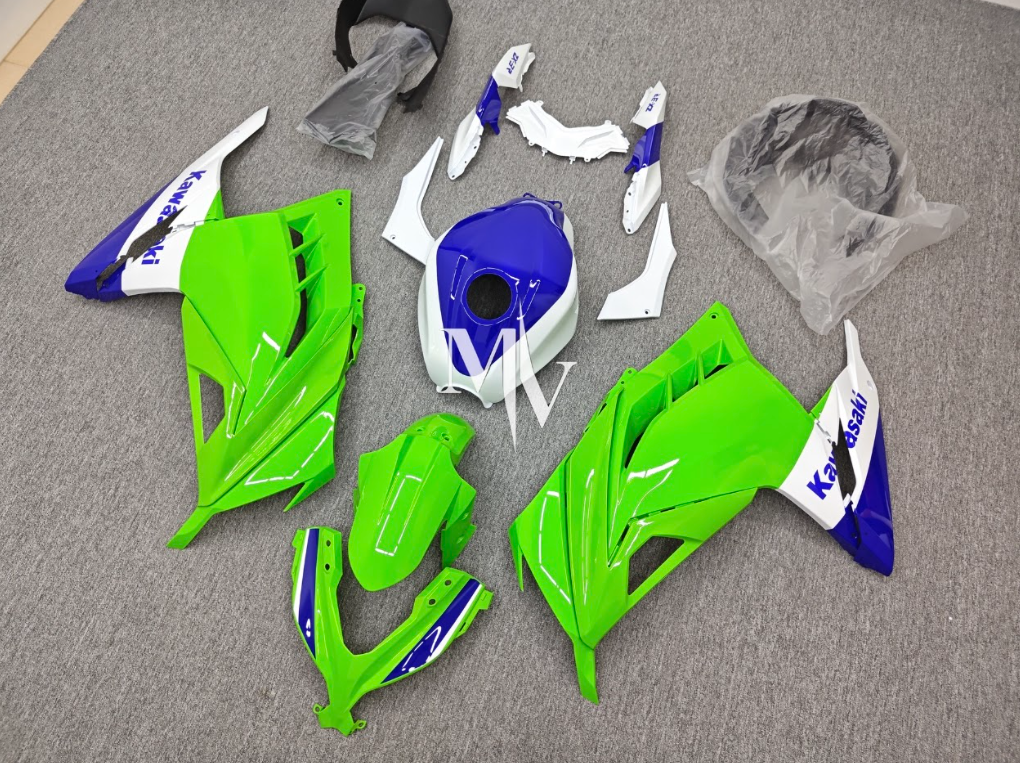 Kawasaki NINJA 250 2013-2017 Neon Green with Blue & White ABS Fairings | Motovation Frgs - Image 2